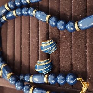 Napier Navy and Gold Beaded Necklace With Matching Earrings